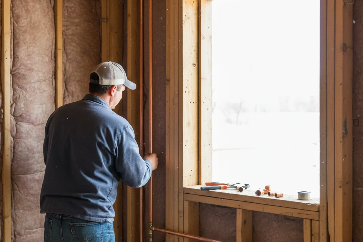 Licensed plumber running new copper supply lines in a Industry home