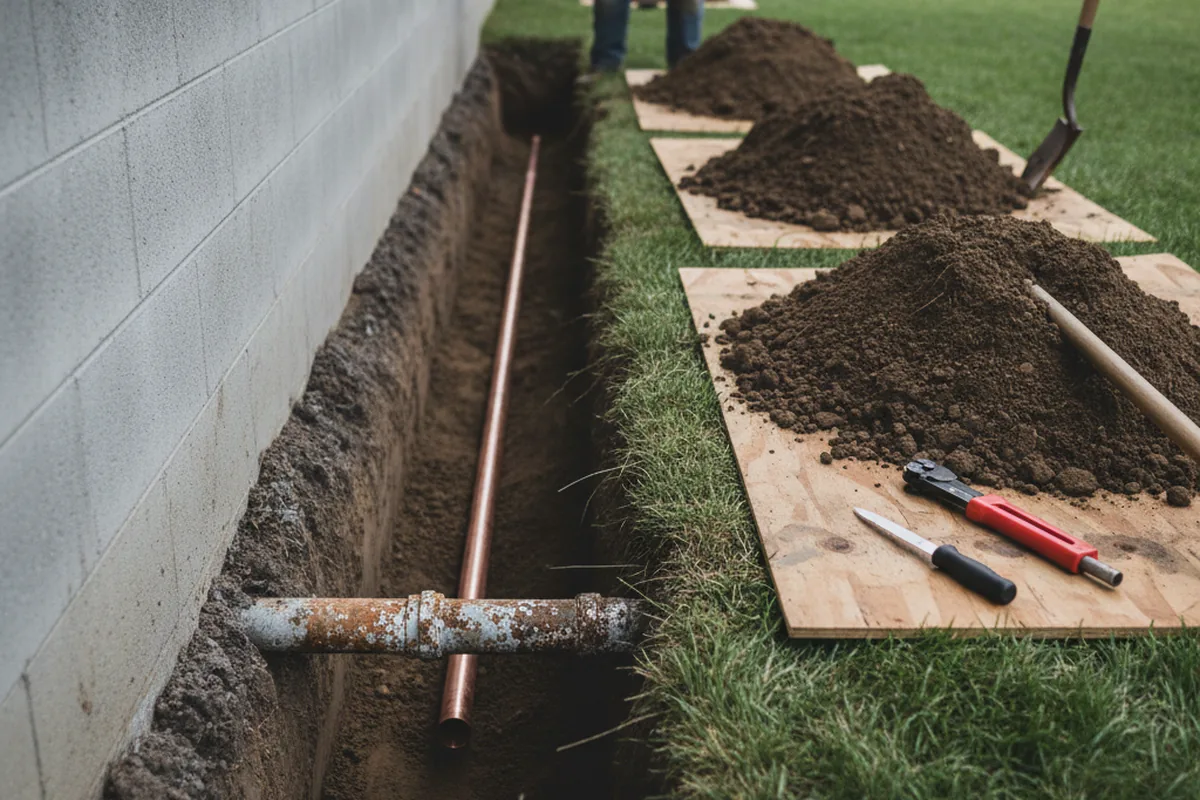 Excavated water line trench during Sewer Line Repair in Industry